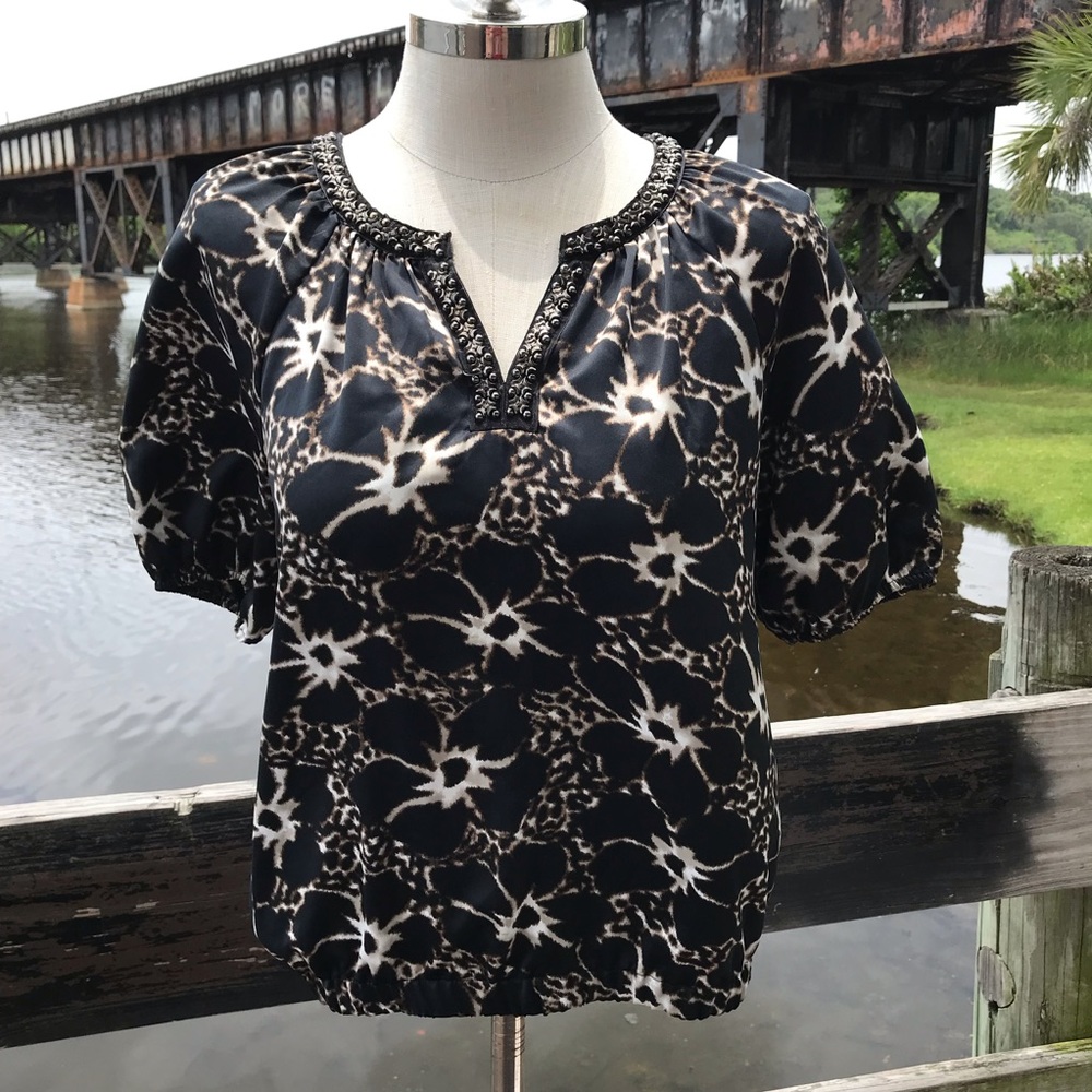 East 5th Patterned Silky Beaded Short Sleeve Top